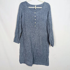 Studio 412 S Linen Henley Long Sleeve Shift Button Front Shift Dress Lagenlook